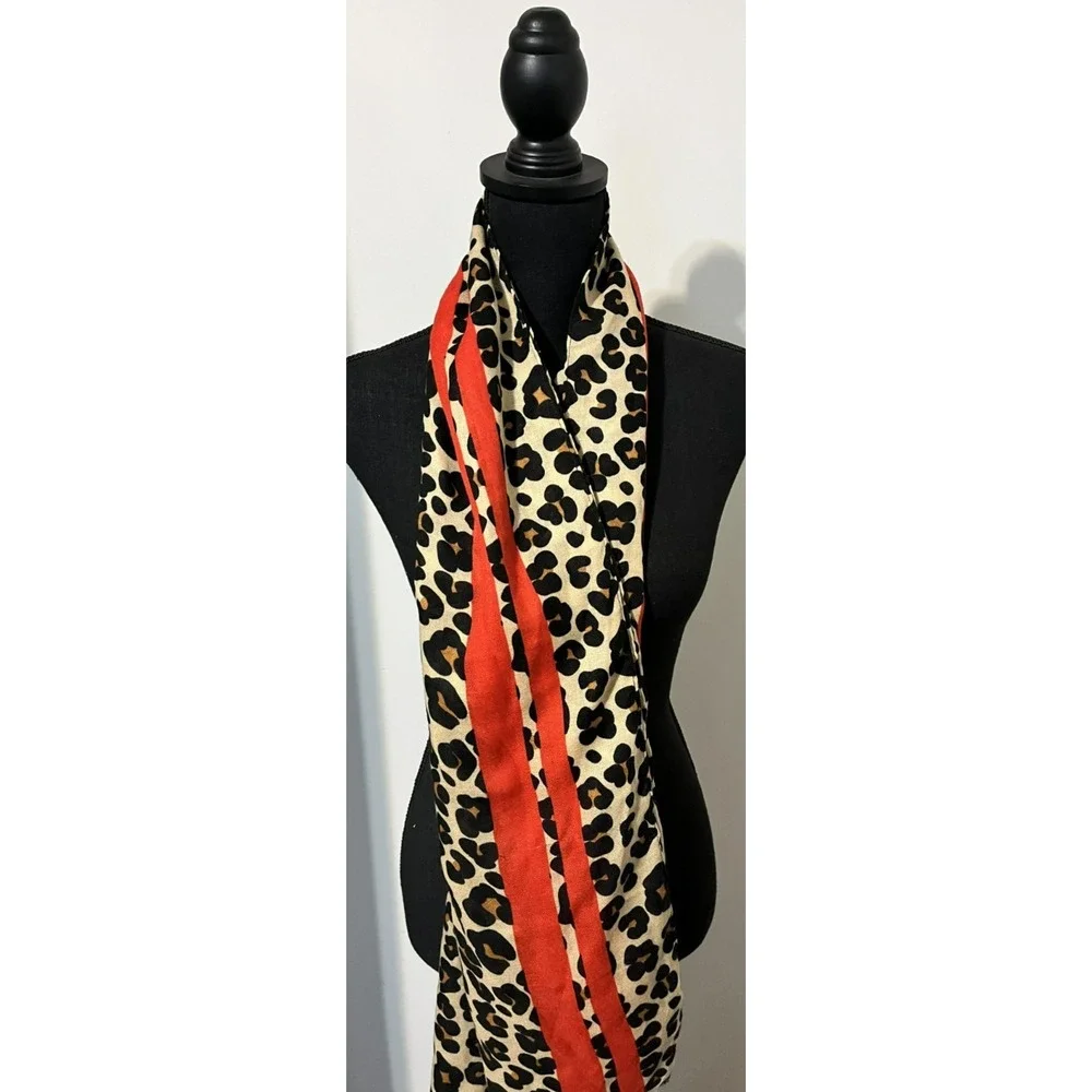 Women's Leopard Print Scard with Red Stripe Accents One Size - Picture 2 of 7